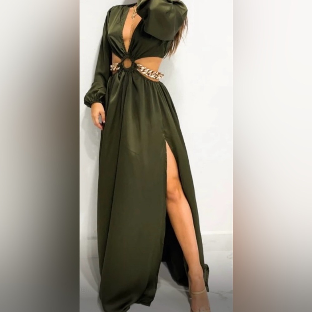 Olive Green Maxi Dress with Slit